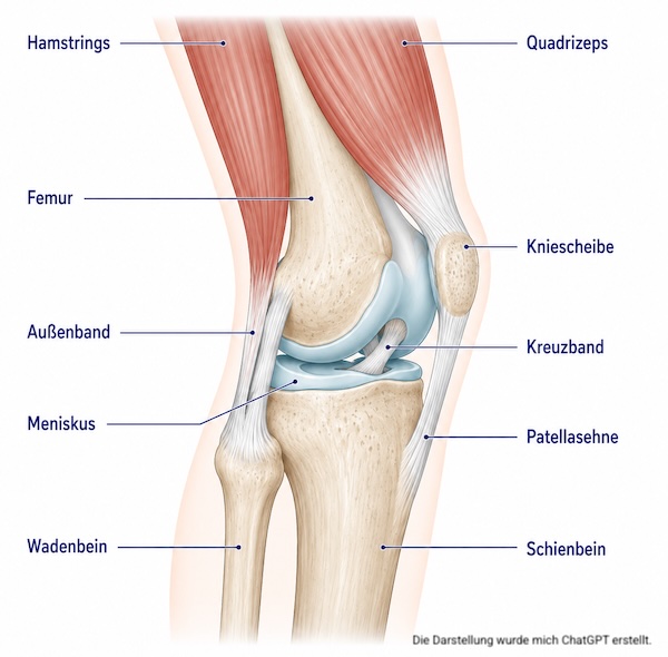 Anatomische Darstellung des Kniegelenks mit Oberschenkelknochen, Kniescheibe, Menisken, Kreuzbändern und Schienbein