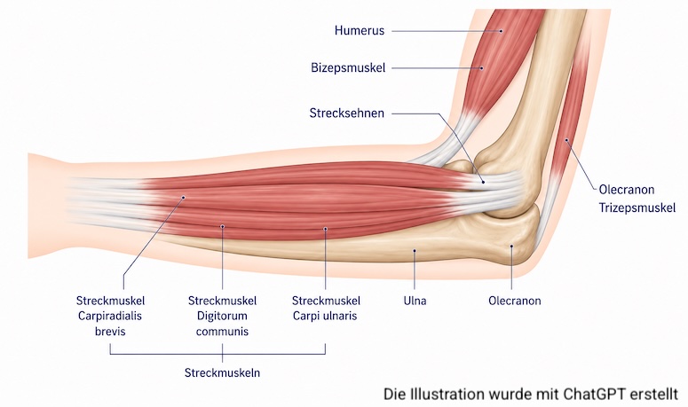Anatomische Darstellung des Ellenbogengelenks mit Oberarmknochen, Speiche und Elle
