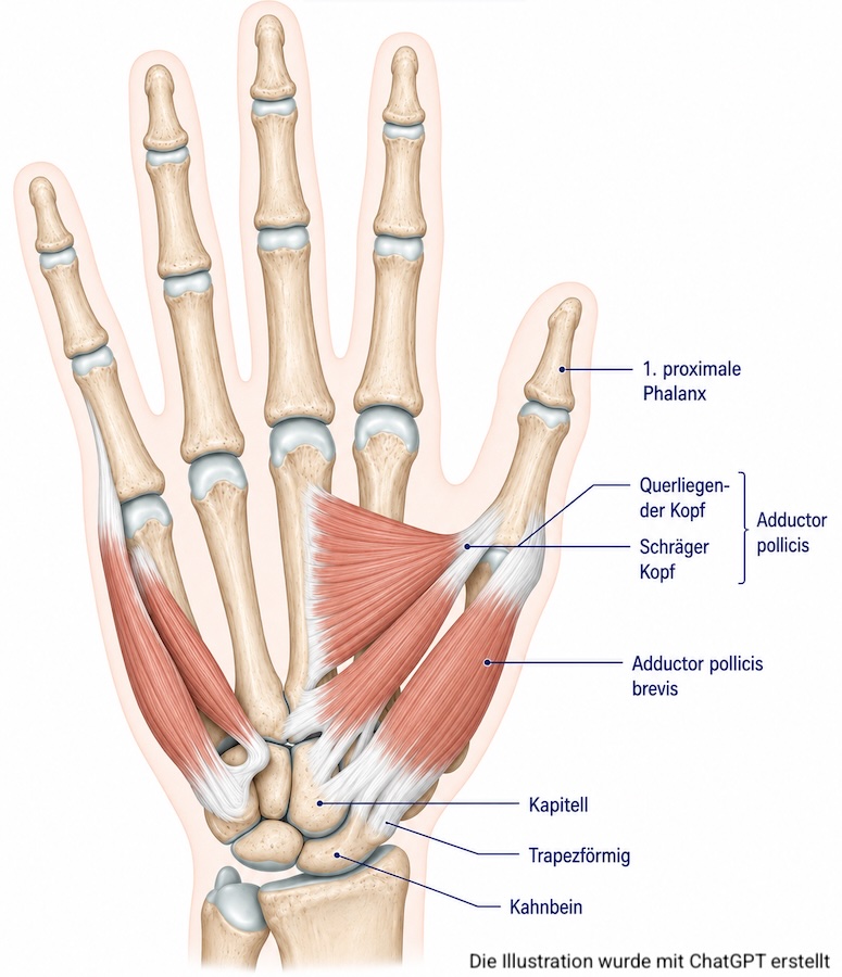 Anatomische Darstellung der Hand mit Handwurzelknochen, Mittelhandknochen und Fingergelenken