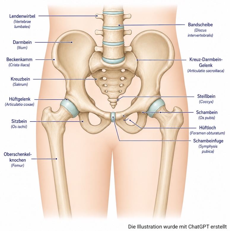 Anatomische Darstellung des Hüftgelenks mit Hüftkopf, Hüftpfanne und Oberschenkelknochen