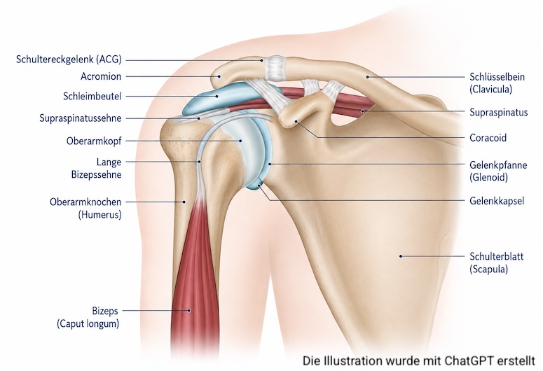 Anatomische Darstellung des Schultergelenks mit Oberarmkopf, Schulterblatt, Schlüsselbein und Rotatorenmanschette