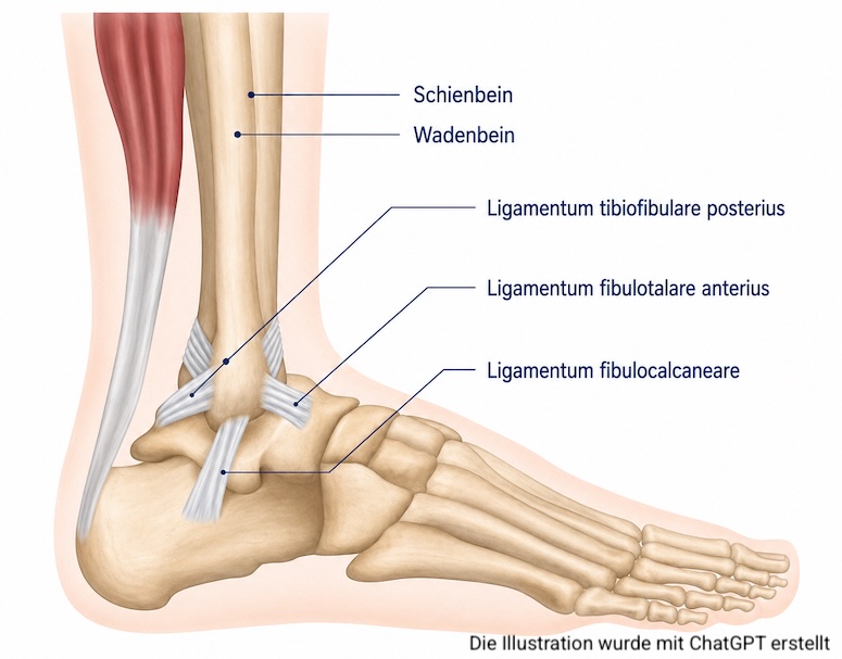 Anatomische Darstellung des Sprunggelenks mit Schienbein, Wadenbein, Sprungbein und Außenbändern
